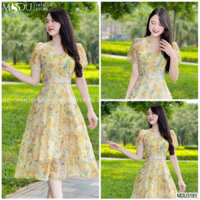 Đầm hoa nữ mặc đi chơi chất voan hai lớp cao cấp cổ V tay ngắn chiết eo nút bọc váy maxi dáng xoè trẻ trung