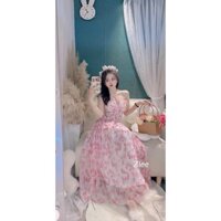 Đầm hoa nữ mặc đi tiệc dễ thương chất voan cao cấp thiết kế dây chéo cổ cúp ngực phối chun eo váy maxi dáng xoè
