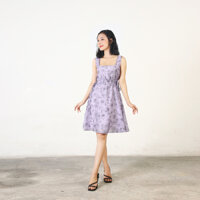Đầm Hoa Rút Dây Nơ Eo Màu Tím Nhạt Và Hồng ĐấtLuu's Collection