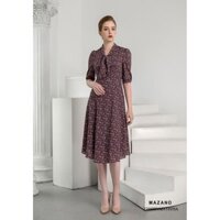 Đầm họa tiết thắt nơ tay lỡ dáng xòe