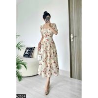 Đầm hoa tơ ép cổ vuông tay bồng sang chảnh tiểu thư A2524