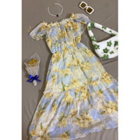 Đầm hoa vai chun vải tơ mặc 2 kiểu