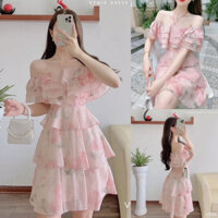 Đầm hoa vintage xếp tầng màu hồng ngọt ngào có dây mặc 2 kiểu