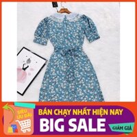 Đầm hoa xanh lam cổ phối ren dáng xòe chất voan cao cấp phù hợp đi chơi dự tiệc V1494