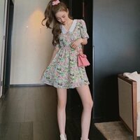 Đầm hoa xanh nhí xoè cổ thêu