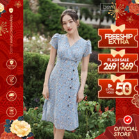 Đầm hoa xanh nút gỗ, xẻ tà Bem (DR232)