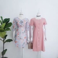 Đầm hoa xanh và đầm nhún eo hồng