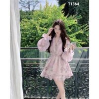 Đầm hoa xòe tay dài cột dây eo đính cườm màu y hình voan lụa có lót T1364
