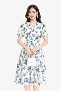 Đầm hoa xòe xếp ly tay phồng