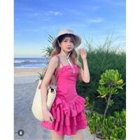 Đầm hồng 2 dây nhún tầng