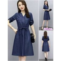 Đầm jean denim dáng xòe cổ tròn xẻ V tay ngắn, váy rút dây eo 2 túi ngực trẻ trung - DTH