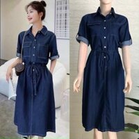 Đầm jean denim sơmi eo rút dây MLXL [Kèm ảnh thật]