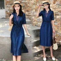 Đầm jean denim xoè cổ V phối viền MLXL [Kèm ảnh thật]