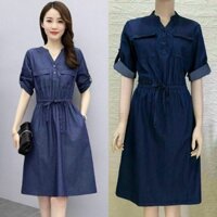 Đầm jean denim xoè eo rút dây MLXL [Kèm ảnh thật]