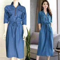 Đầm jean denim xoè nhẹ eo rút dây cổ V khoá kéo M.L.XL