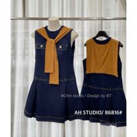 Đầm jean nữ sát nách dáng xòe xếp ly kèm khăn trẻ trung, năng động| Minh Nhật Clothing
