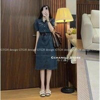 ĐẦM JEAN TAY CON CỔ BẺ DÁNG DÀI KÈM ĐAI NỊT EO SIÊU DỄ THƯƠNG