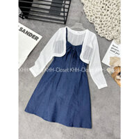 Đầm jeans dáng ngắn hai dây kèm áo khoác ren nhẹ V0003