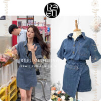 đầm jeans giả áo sơ mi, chân váy tay ngắn dáng ngắn phong cách retro năng động vạt đắp chéo (M000049)