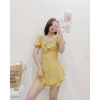 ĐẦM JUM LỤA DỰ TIỆC HOA VÀNG NHÍ PHỐI NƠ TRƯỚC TAY LỠ DÁNG XÒE-hình thật shop chụp