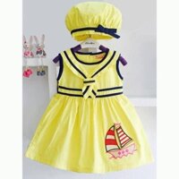 Đầm kate thủy thủ thêu thuyền kèm nón bánh tiêu dễ thương cho bé gái 1 - 8 tuổi CVG18855