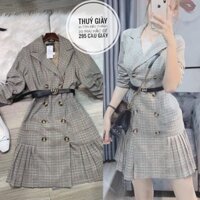 Đầm kẻ cổ vest đuôi cá kèm đai