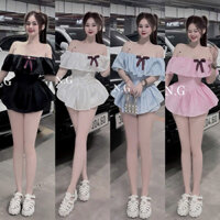 Đầm kẻ trễ vai bèo đính nơ phối chân xoè có quần bên trong cực xinh