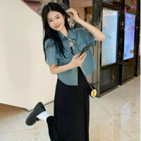 Đầm kèm áo khoác jean tay ngắn thời trang nữ chất thun tăm gân cổ dây không tay dáng váy dài xoè maxi sang trọng