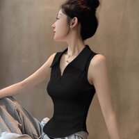 Đầm không dây độc đáo 22982024 Áo khoác POLO không tay mới màu đen [Áo vest nữ cho bộ sưu tập trang phục mùa hè thiết kế cảm giác
