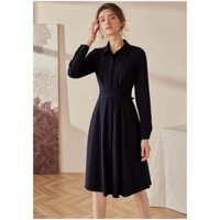 Đầm kiểu đai eo cổ sơ mi tay dài dáng váy xòe