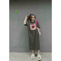 Đầm Kiểu Suông Kẻ Sọc Trắng Đen In Hình Gấu Dâu PCT0016