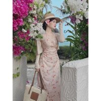 Đầm lạu hoa có mút áo khoác thun tăm giấy thời trang nữ áo dây in họa tiết hoa khoác ngoài dài tay nhẹ nhàng