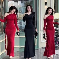Đầm Lệch Vai Phối Hoa Tua Rua Rời Ôm Body Cực Xinh.Chất Thun Tăm Lạnh B57