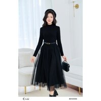 Đầm len áo dài tay váy xòe voan bổng phối đai Orchid - BD12X555