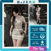 Đầm len body ôm sọc số 5 tay ngắn cổ tròn | AJEAN STORE