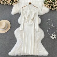 Đầm len cổ thuyền có dây treo cá tính, váy len ôm body