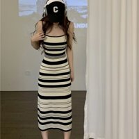 Đầm len Mongtoghi body 2 dây Dáng dài Len tăm Kẻ sọc ngang Váy đầm len Body Dáng dài Hai dây Sexy