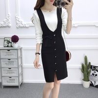 Đầm len nữ , đầm yếm ôm body phối cúc xinh xắn AL103 - đen