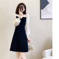 Đầm len nữ dệt kim dáng ôm màu đen điểm tay voan bồng - Váy len Quảng Châu nữ cao cấp dáng a kiểu đẹp dài ngang gối