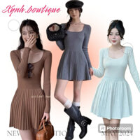 Đầm len nữ ,  Váy len dệt kim xoè dáng ngắn cổ vuông xếp ly tay dài tiểu thư phong cách Hàn Quốc