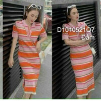 Đầm len ôm kẻ sọc màu xẻ tà cổ bẻ tay ngắn hàng đẹp QC TOMBI SHOP