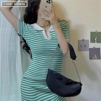 Đầm len sọc nữ body cổ bẻ