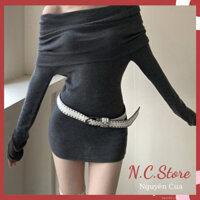 Đầm Len Tăm Lông Cừu Bệt Vai Mềm Mại Ôm Body