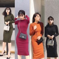 Đầm len tăm ôm body sexy dáng dài cổ tròn mặc công sở thanh lịch thời trang hàn quốc