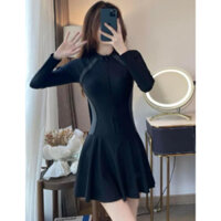 đầm liền tay dài dây kéo phối xám