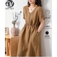 Đầm linen dáng suông dài thương hiệu Đũi Việt, thiết kế cổ V 2 túi
