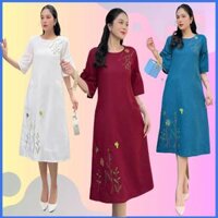 Đầm Linen MS112 suông dáng A thêu hoa lá tay bèo dành cho nữ thanh lịch
