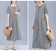 Đầm linen suông cổ tròn ngắn tay, nhún eo hoạ tiết sọc caro ARCTIC HUNTER Da159 - XXL