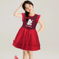 Đầm Linen Xoè Phối Sọc In Mèo Dễ Thương Bé Gái Nexxi