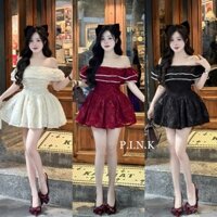 Đầm lông bẹt vai phối ren